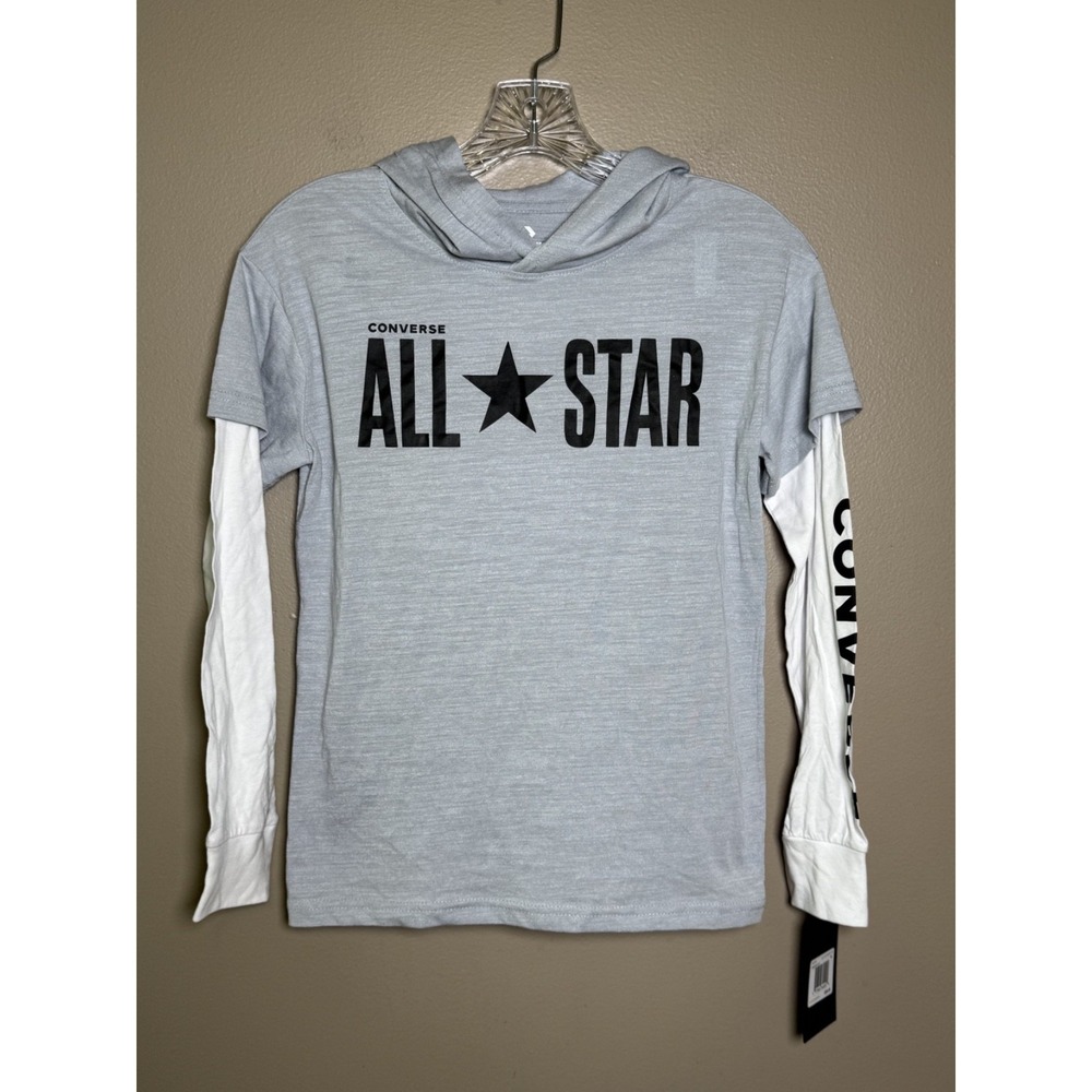 Converse Boys All Star Long Sleeve Hooded T-Shirt Gray White Size M 10-12 NWT